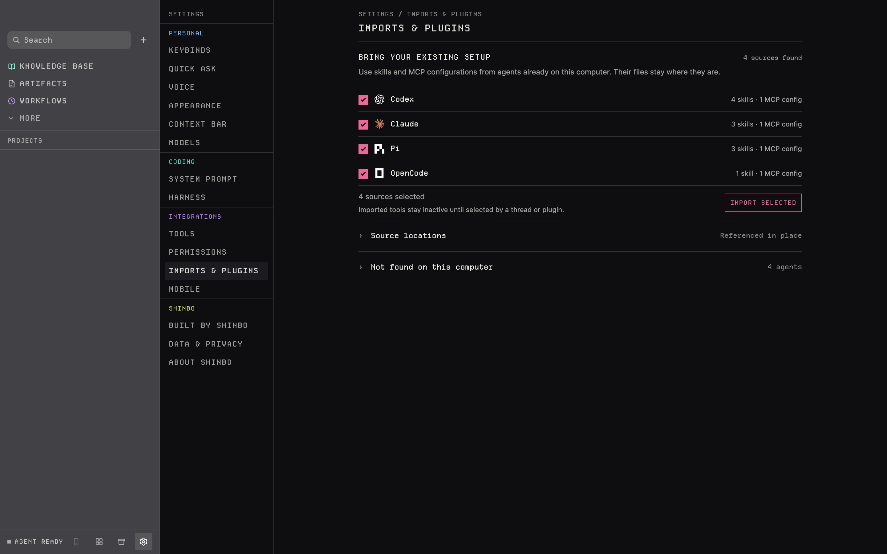 Shinbo Imports settings listing installed Codex, Claude, Pi and OpenCode configurations with source paths collapsed