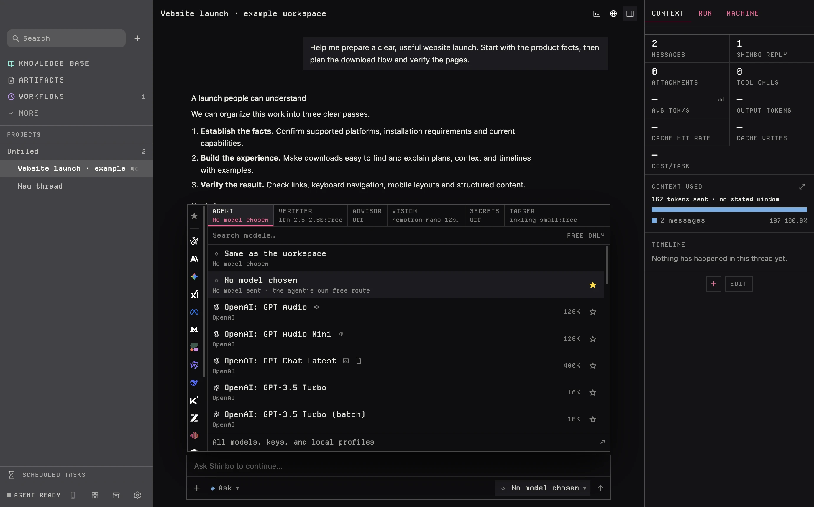 Shinbo model picker over an illustrative workspace conversation, showing model roles, search, catalog entries and favorites