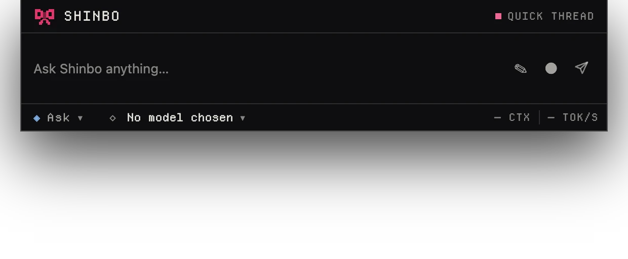 Shinbo Quick Ask with an empty composer, Ask mode and no model selected