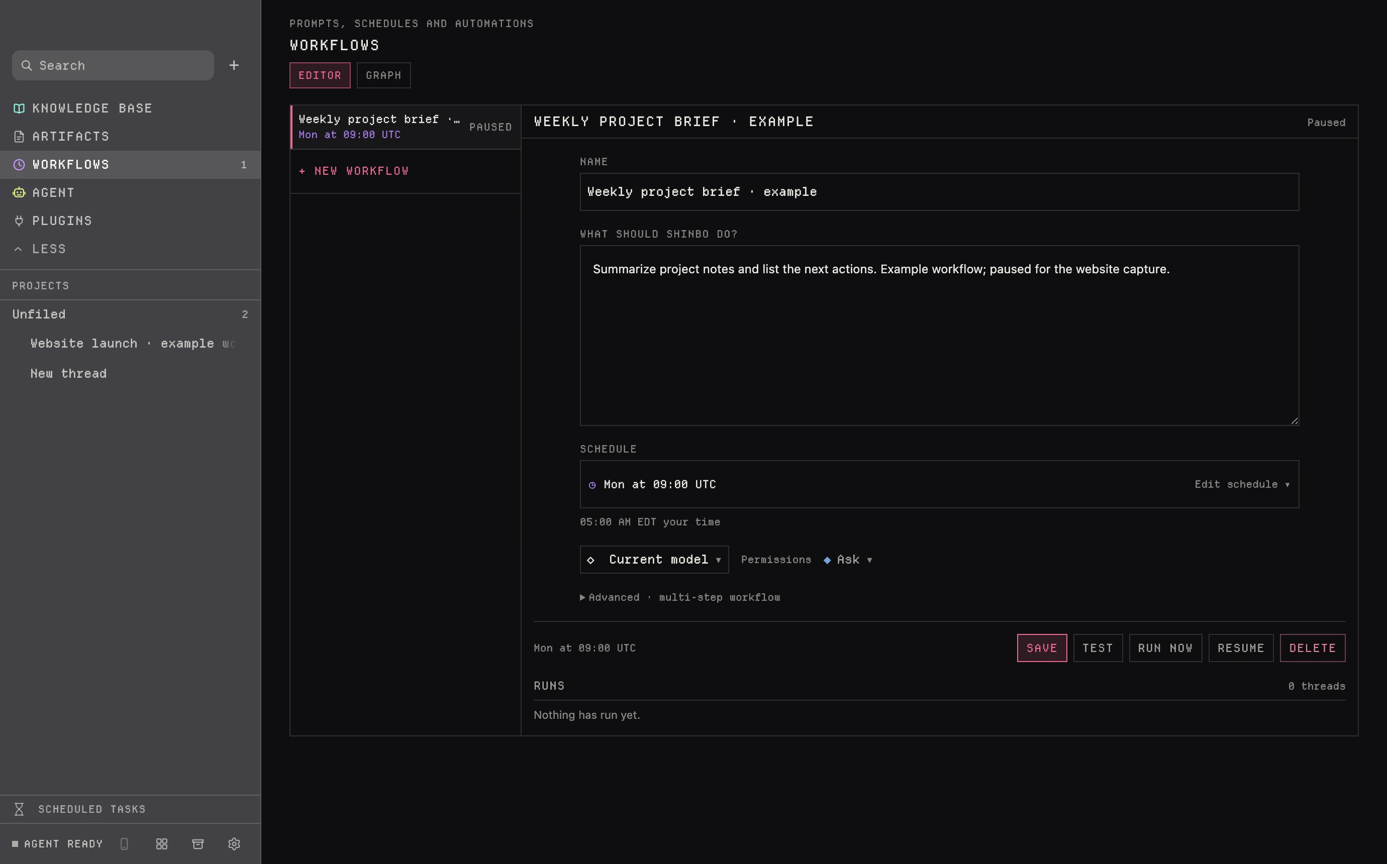 Shinbo Workflows editor with a paused weekly example: name, prompt, schedule, model and permission pickers, and an empty Runs list