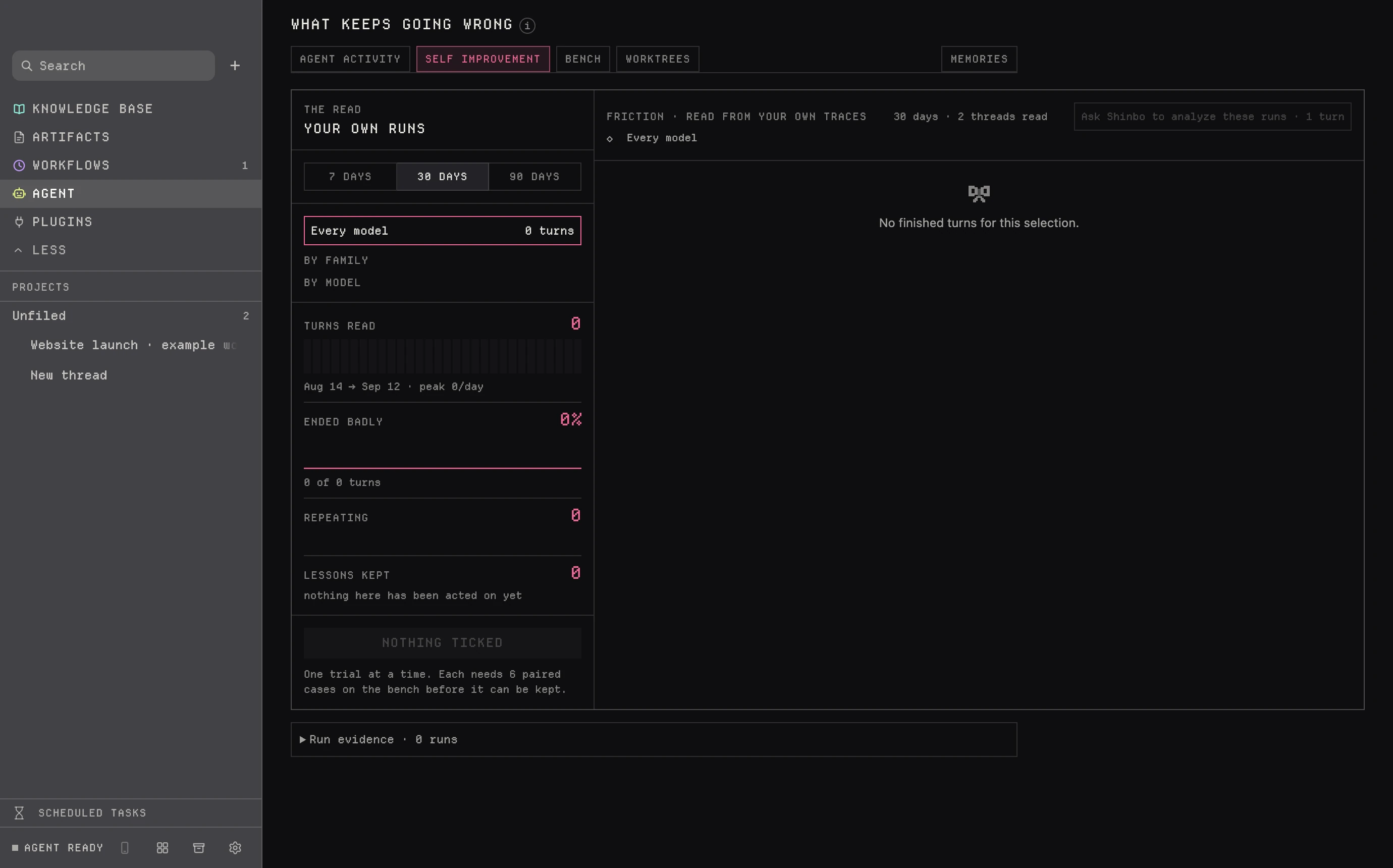 Shinbo Agent view on the Self improvement tab with a 30-day window, Every model selected, zero turns read and an empty Run evidence panel
