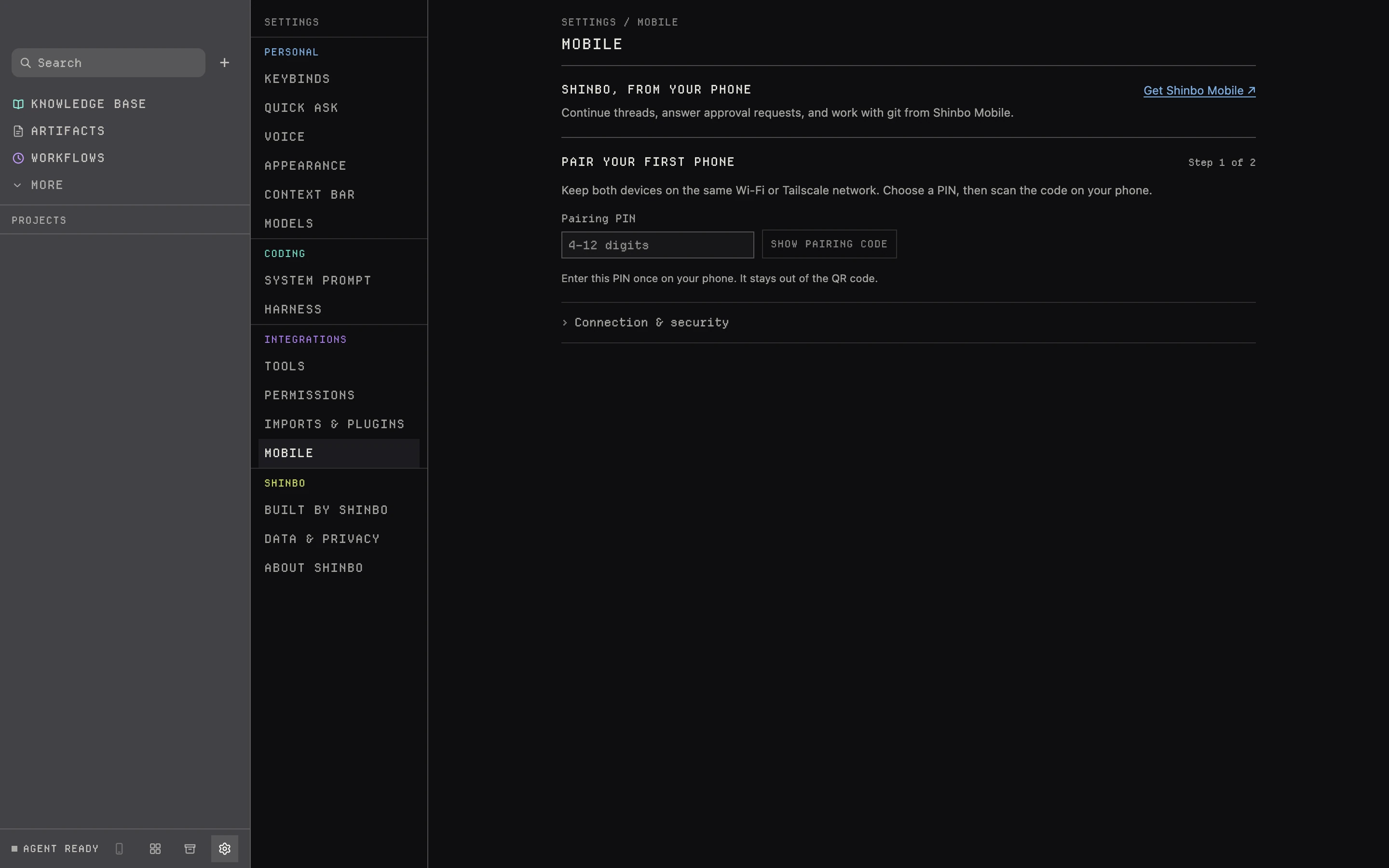 Settings, Mobile: Get Shinbo Mobile link and first-phone pairing form