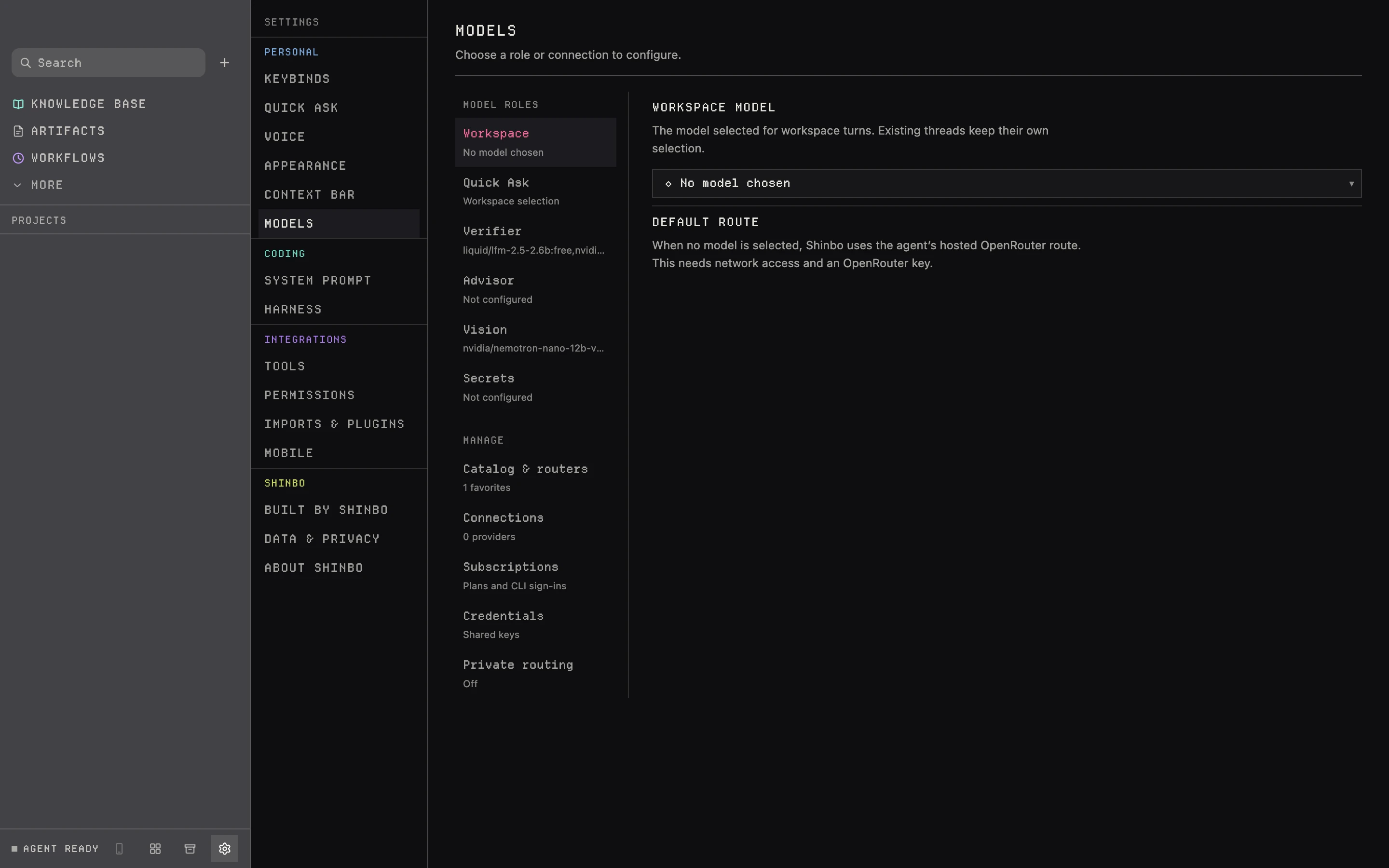Settings, Models: model roles and connection panels in the real Shinbo app