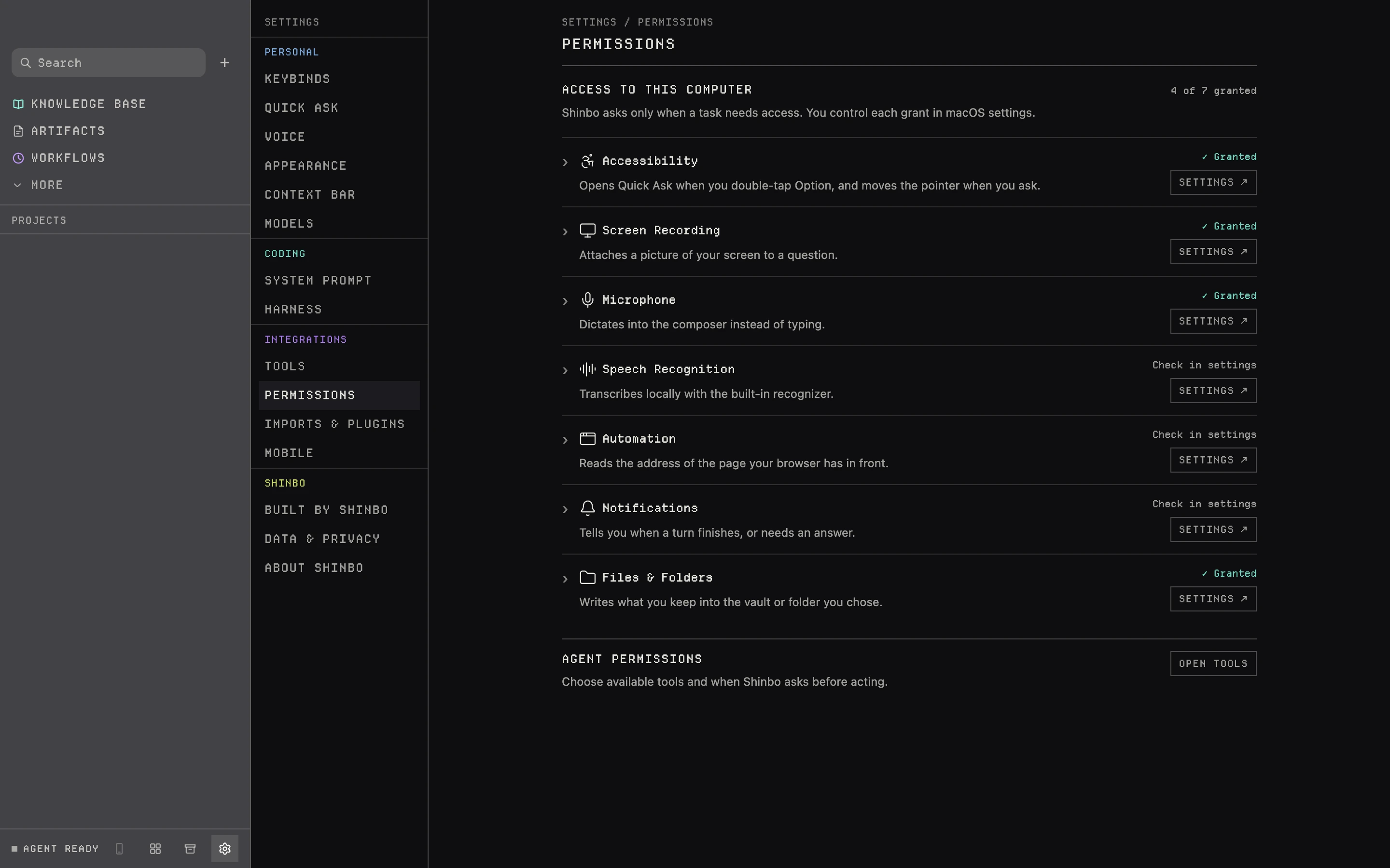 Settings, Permissions: permission rows with status labels, individual Settings buttons and Open Tools at the foot