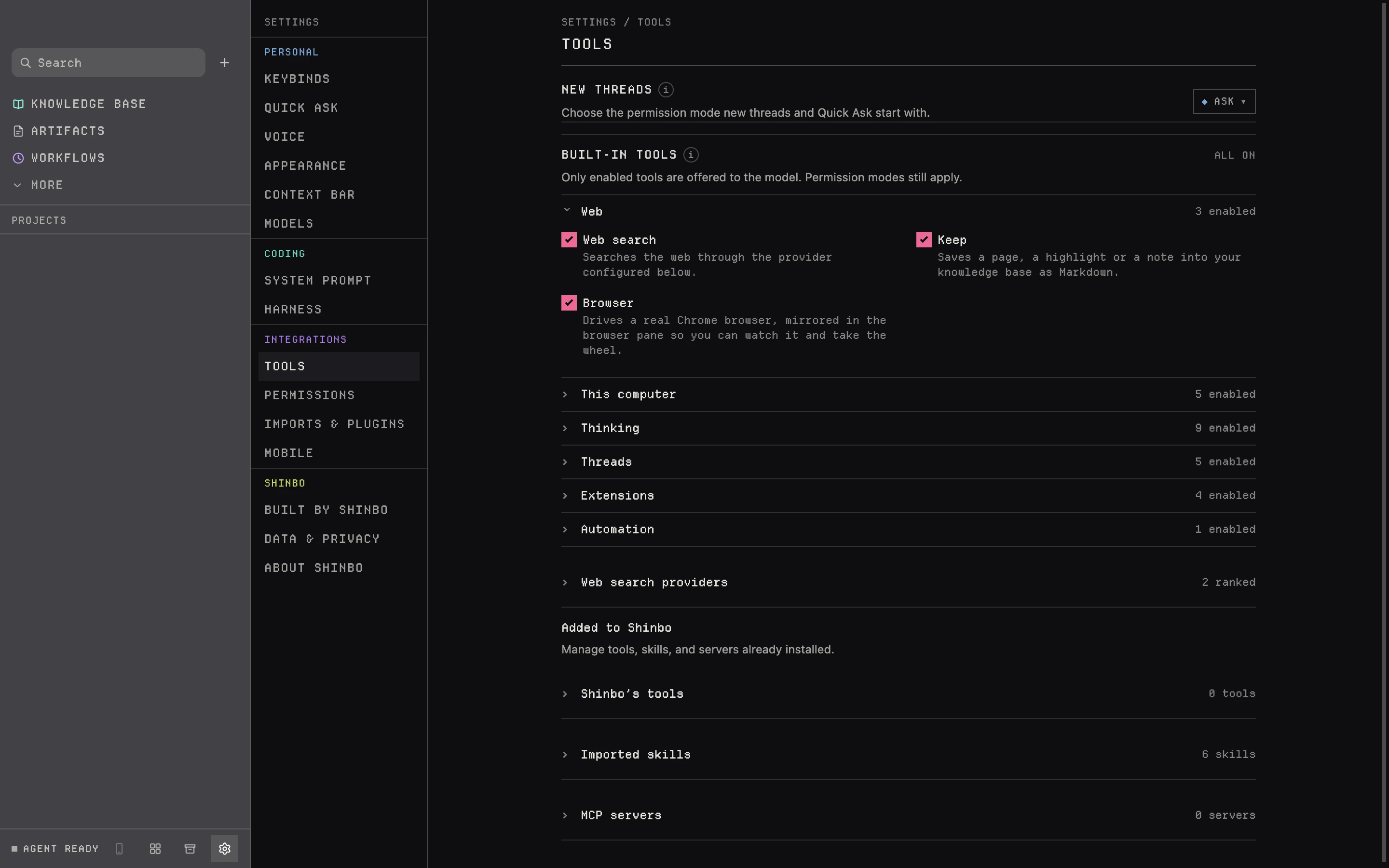Settings, Tools: new-thread mode above grouped built-in tools with enabled counts, followed by installed tools, skills and MCP server groups