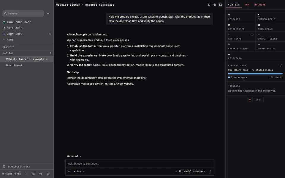 Shinbo workspace showing projects, a Markdown conversation, and the context inspector